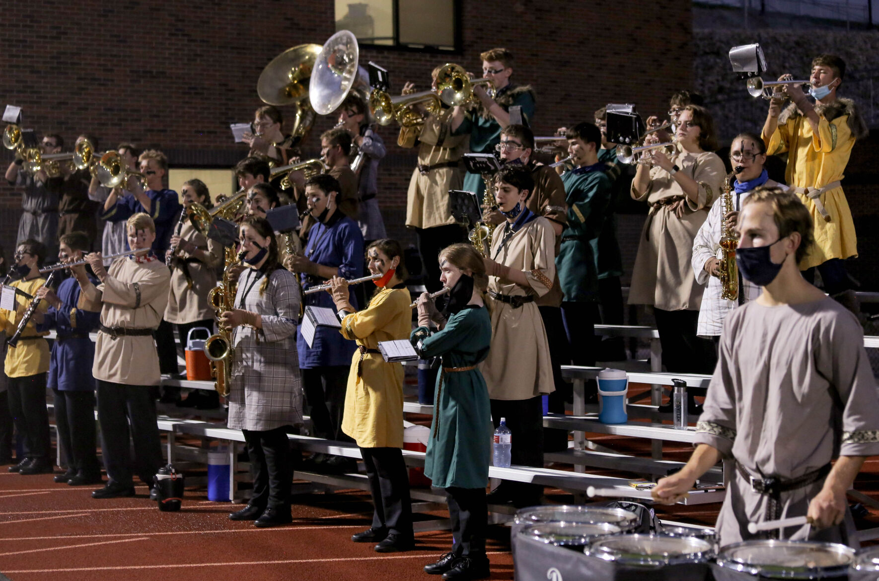 The Helias Catholic High School band plays after the crusaders scored a touchdown